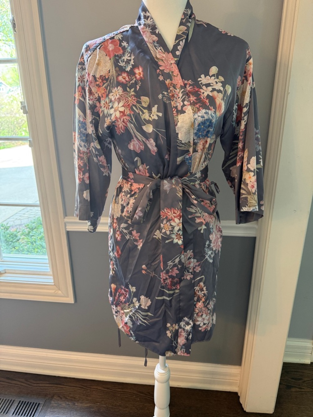 Flora Nikrooz Gray Floral Satin Kimono Robe with Pink and Blue Flowers